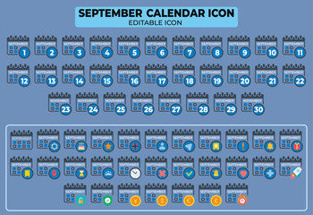 Poster - September Calendar Icon Set with Dates and Various Symbols, Editable Vector Design