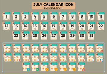 Poster - Editable July calendar icon set with day numbers and various symbols, ideal for graphic design and planning