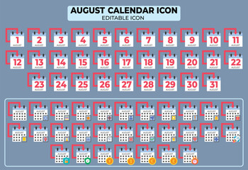 Poster - August Calendar Icon Set: Editable Flat Design for Business and Schedule Planning