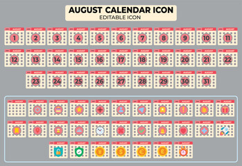 Poster - August Calendar Icon Set with Editable Design Elements for Organization and Planning, Including Specific Date Reminders