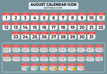Poster - Editable August Calendar Icon Set for Design and Planning with Various Graphic Elements