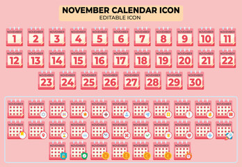 Poster - Complete set of November calendar icons, vector illustration, editable and customizable calendar event symbol for all dates