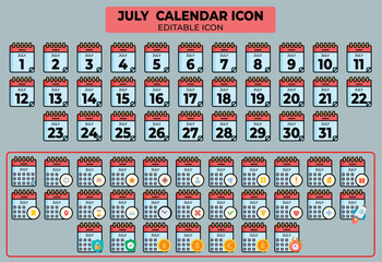 Poster - Vector illustration of July calendar icon set with editable design elements