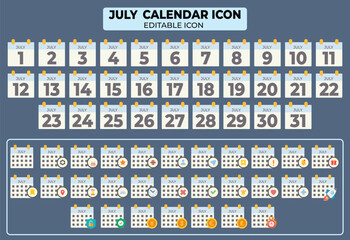 Poster - Set of editable vector July calendar icons for planning and schedule design elements, isolated on a gray background, July dates