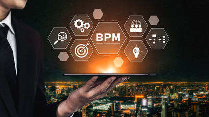 Poster - Business Process Management concept showing workflow analysis, process optimization, team collaboration, automation, and performance improvement Vouch