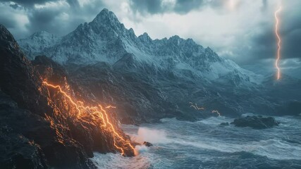 Wall Mural - Dramatic mountain landscape with lightning strikes, rocky coast and stormy sea