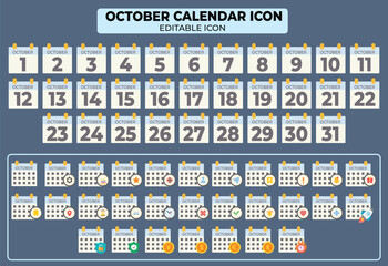 Poster - October calendar icons set, editable calendar, flat design month planner, vector october calendar with different shapes