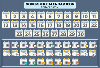 Poster - Editable November Calendar Icon Set for Website or App Design with Customizable Dates and Symbols