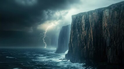 Wall Mural - Dramatic seascape with cliffs and lightning strike during a storm