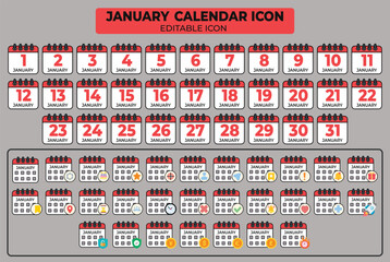 Poster - Comprehensive January Calendar Icon Set with Editable Elements for Planning and Scheduling Purposes