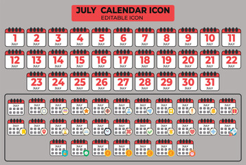 Poster - July calendar icon set with editable dates, suitable for scheduling and planning purposes