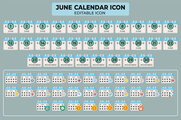 Poster - June Editable Calendar Icon Set Featuring Dates, Reminders, and Events for Planning