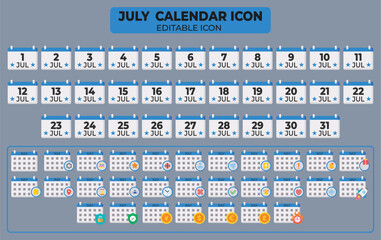 Poster - Editable July calendar icon set with individual dates and various event markers and graphic elements