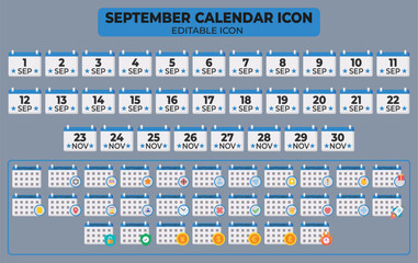 Poster - September calendar icons set, full month, editable vector illustrations for graphic design projects and presentations