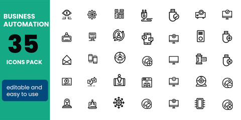 Fototapete - Business Automation Line Editable Icons set. Vector illustration in modern thin line style of technology related icons: optimization, robotic integration, business model, and more. Pictograms and inf