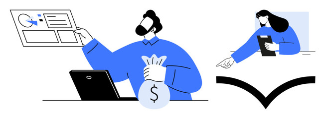Scene of man holding money bag with web interface, laptop, and woman reviewing notes. Ideal for finance, teamwork, technology, online tools, productivity, business and simple landing page