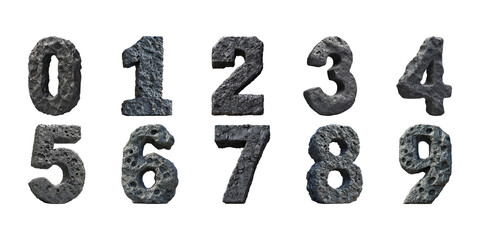 Poster - 3D Volcanic Rock Numbers Set. Textured Stone Numerals Collection Isolated On Transparent Background