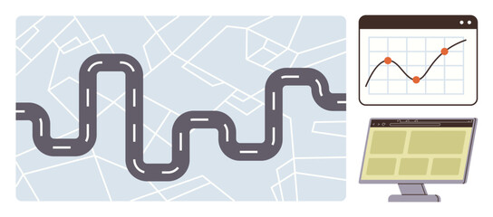Poster - Curving road over map background paired with data graph and dashboard screen. Ideal for navigation, analytics, business planning, decision-making, strategy, organization, logistics. Simple flat