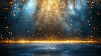 Poster - Golden particles falling on water surface with glowing lights and reflections backdrop