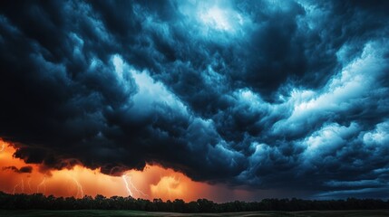 dramatic storm clouds with lightning and orange sunset glow