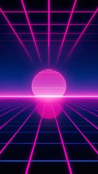 Retro futuristic neon grid landscape with a glowing sun and vibrant pink laser lines receding into the distance