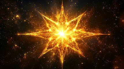 Poster - Golden starburst nebula sparkling in deep space with trails of light and cosmic dust particles illustration