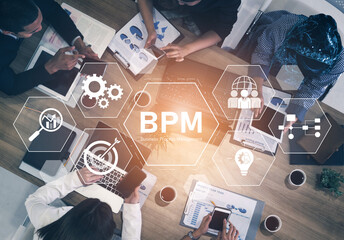 Poster - Business Process Management concept showing workflow analysis, process optimization, team collaboration, automation, and performance improvement Vouch