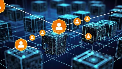 Poster - Abstract network connection security concept with person icon on cube connecting to data blocks on blue background