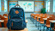 © oliamogdaleva - Backpack in empty classroom, symbol of first day of school, anticipation and start of academic year.