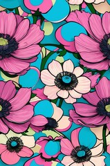 Wall Mural - Japanese Anemones on colorful background cartoonish seamless pattern
