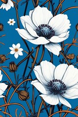 Wall Mural - Japanese Anemones on blue background cartoonish seamless pattern