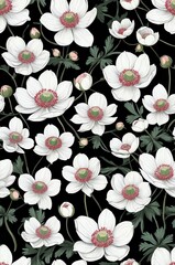 Wall Mural - Japanese Anemones on black background cartoonish seamless pattern