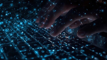 futuristic glowing keyboard with blue light reflections and human hand typing close-up technology co