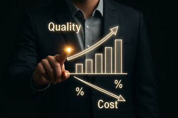 Poster - Man pointing at quality increase graph with cost decrease line on a dark background studio shot