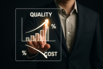 Poster - Man in suit interacting with digital display showing quality increase and cost decrease graph