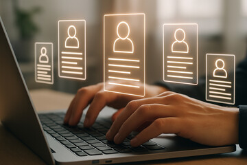 Poster - person typing on a laptop with glowing profile icons hovering above the keyboard and hands visible