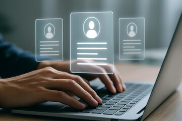 Poster - hands typing on laptop with digital profile icons for job search and online applications visible