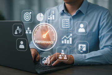 Poster - man typing on laptop with performance dashboard icons overlayed for business efficiency and growth