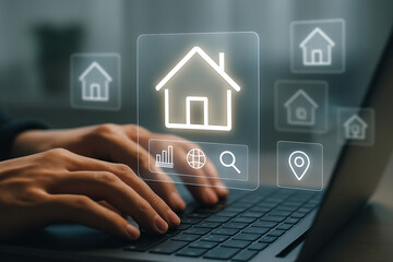 Fototapete - Hands typing on laptop with house icons and search bar and location pin on a transparent screen