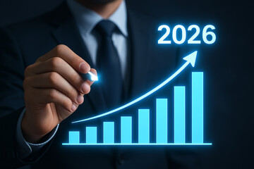 Poster - Man in suit drawing growth chart with arrow pointing to year two thousand and twenty six on screen