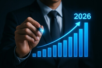 Poster - A businessman drawing an upward trending graph with the year two thousand twenty six on a dark background