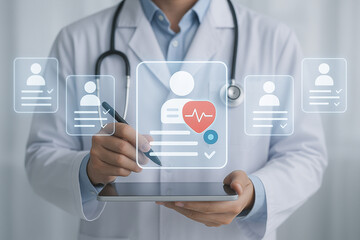 Poster - Doctor in lab coat holding tablet with digital patient records and medical data interface overlaying