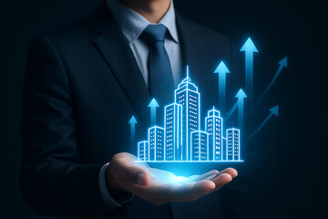 Poster - Businessman holding glowing city skyline with upward arrows in his hand on a dark background