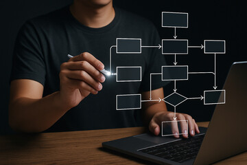 Fototapete - Person using a stylus to interact with a flowchart displayed over a laptop on a wooden surface