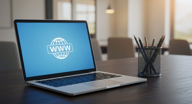 Modern laptop displaying a white globe icon with www text on a bright blue screen placed on a dark wooden desk with a pencil holder