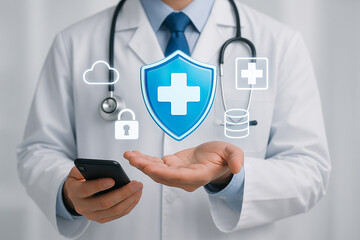Poster - Doctor holding phone with medical shield cloud and database icons floating above his hand in a lab coat