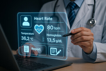 Poster - Doctor reviewing patient health data on futuristic screen near laptop with stylus in hand