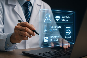 Poster - Doctor using digital interface on laptop displaying patient vitals and medical information details panel