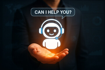 Fototapete - A person holding a chatbot icon with a speech bubble saying can i help you in their hand