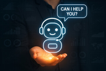 Fototapete - A hand presenting a glowing chatbot icon with speech bubble asking can i help you on a dark background